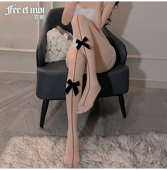 FEE ET MOI - Bow Open-Crotch Pantyhose (Black - Skin)